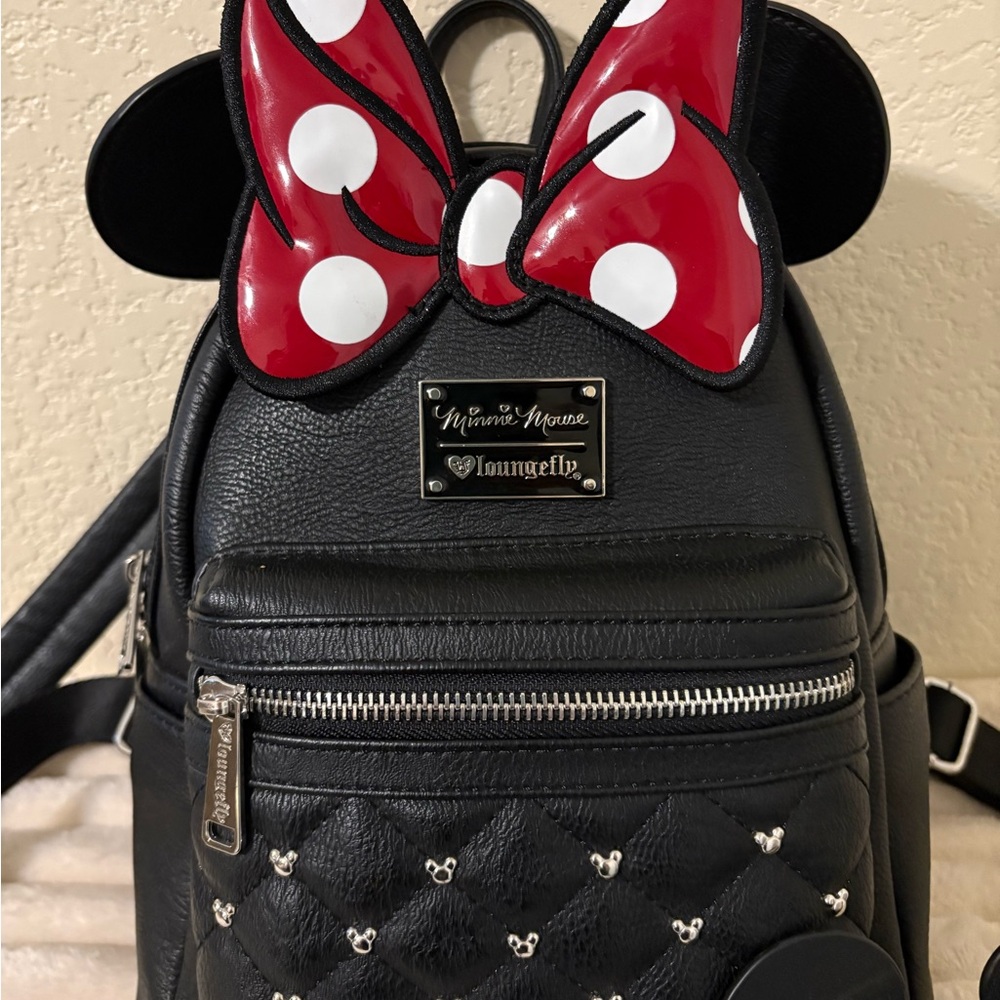 🖤 Loungefly Disney Minnie Mouse Quilted Studded Bow Mini Backpack + Coin Purse - Picture 2 of 8